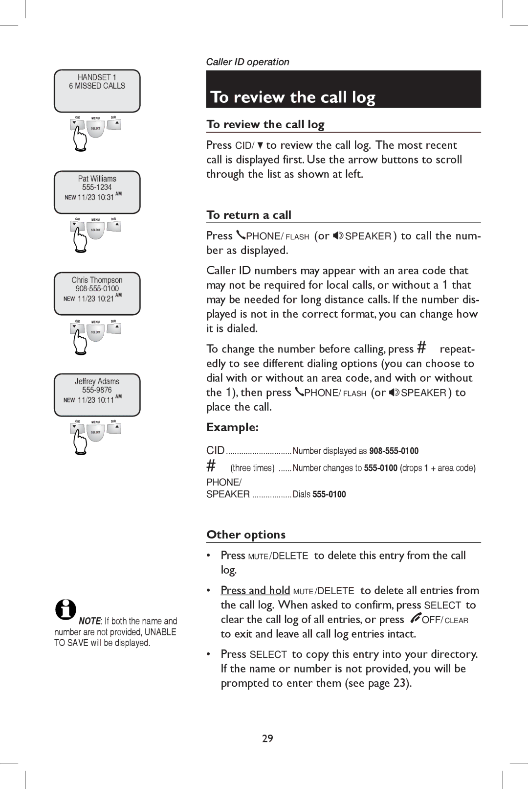 AT&T E5937 user manual To review the call log, To return a call, Example, Other options 