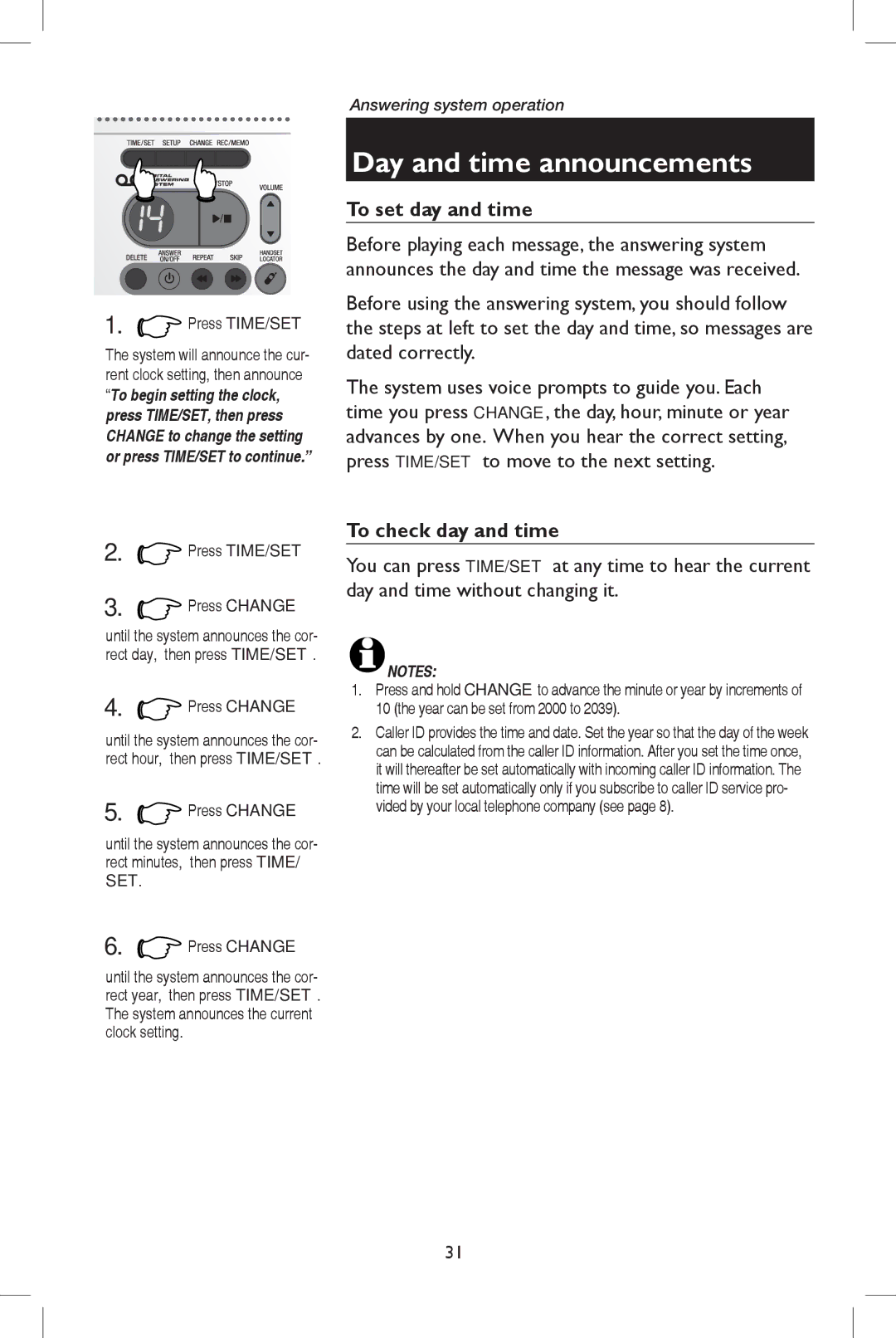 AT&T E5937 user manual Day and time announcements, To set day and time, To check day and time, Press Change 