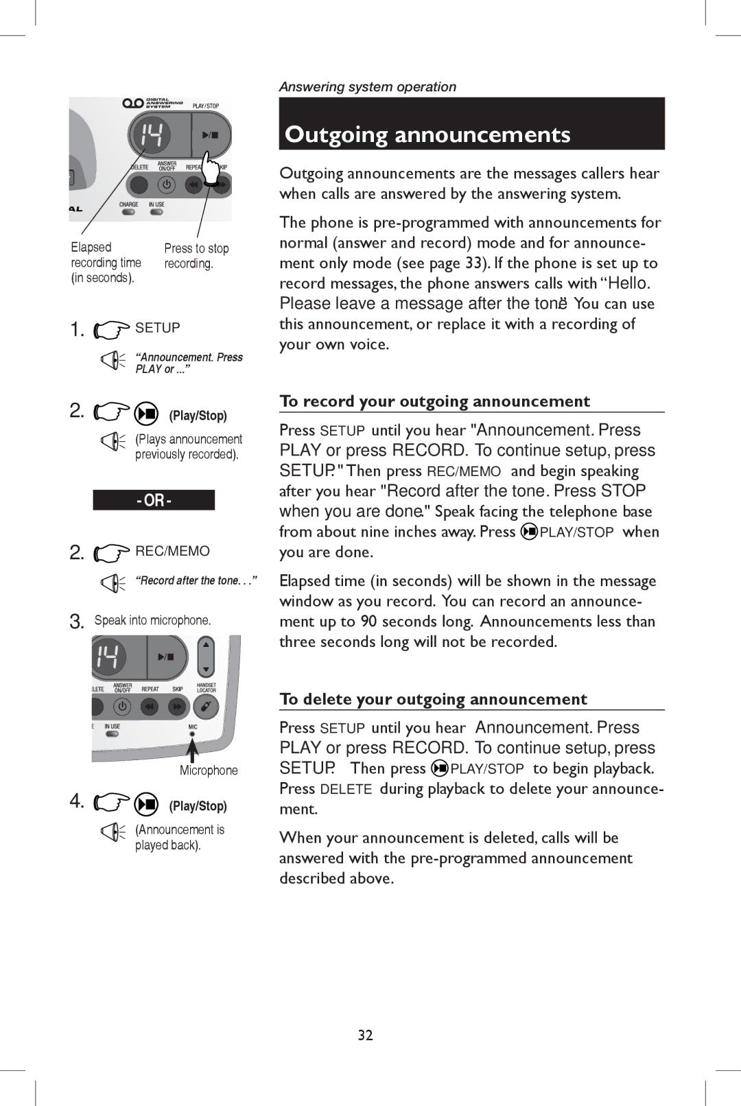 AT&T E5937 user manual Outgoing announcements, To record your outgoing announcement, To delete your outgoing announcement 