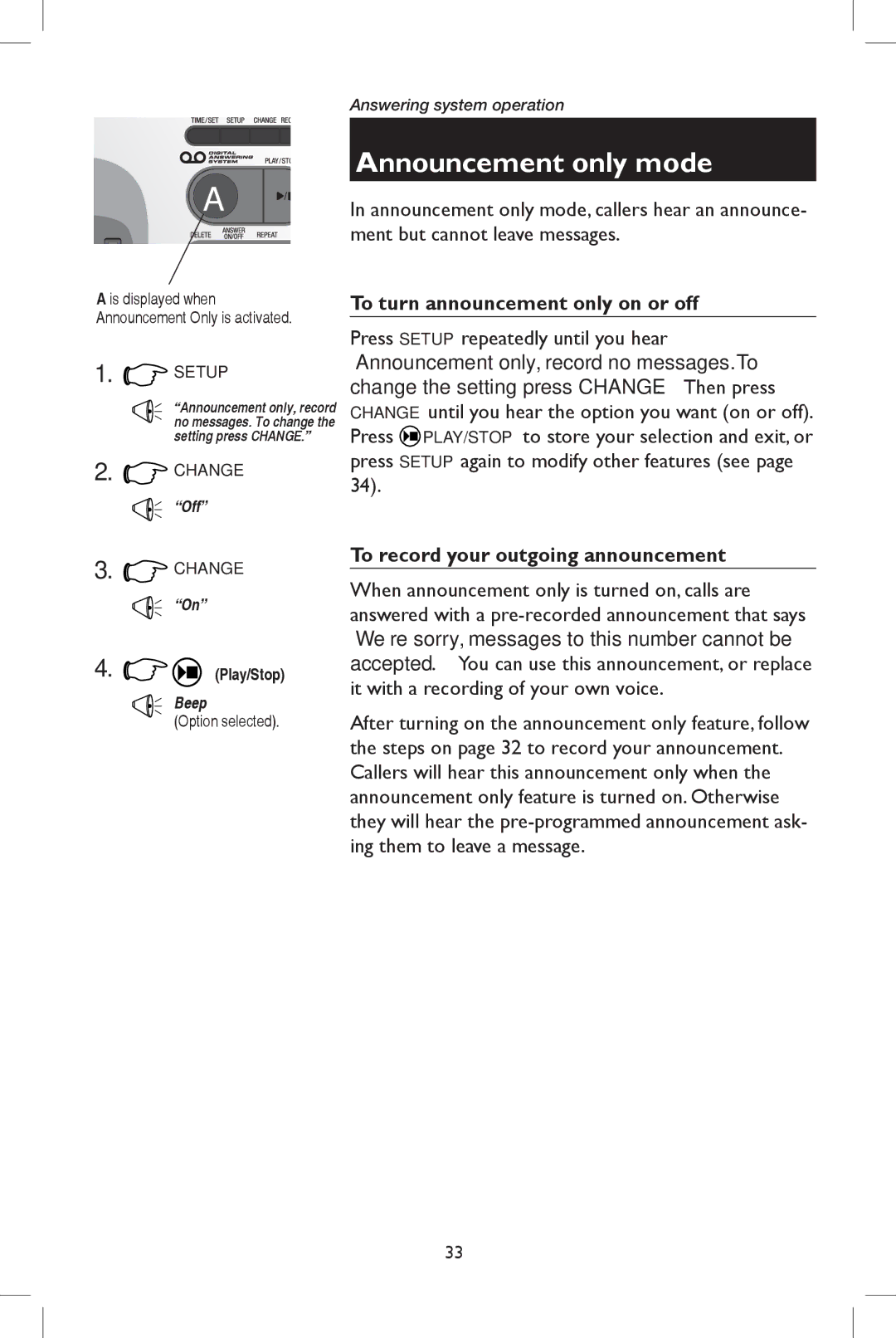 AT&T E5937 user manual Announcement only mode, To turn announcement only on or off, Option selected 