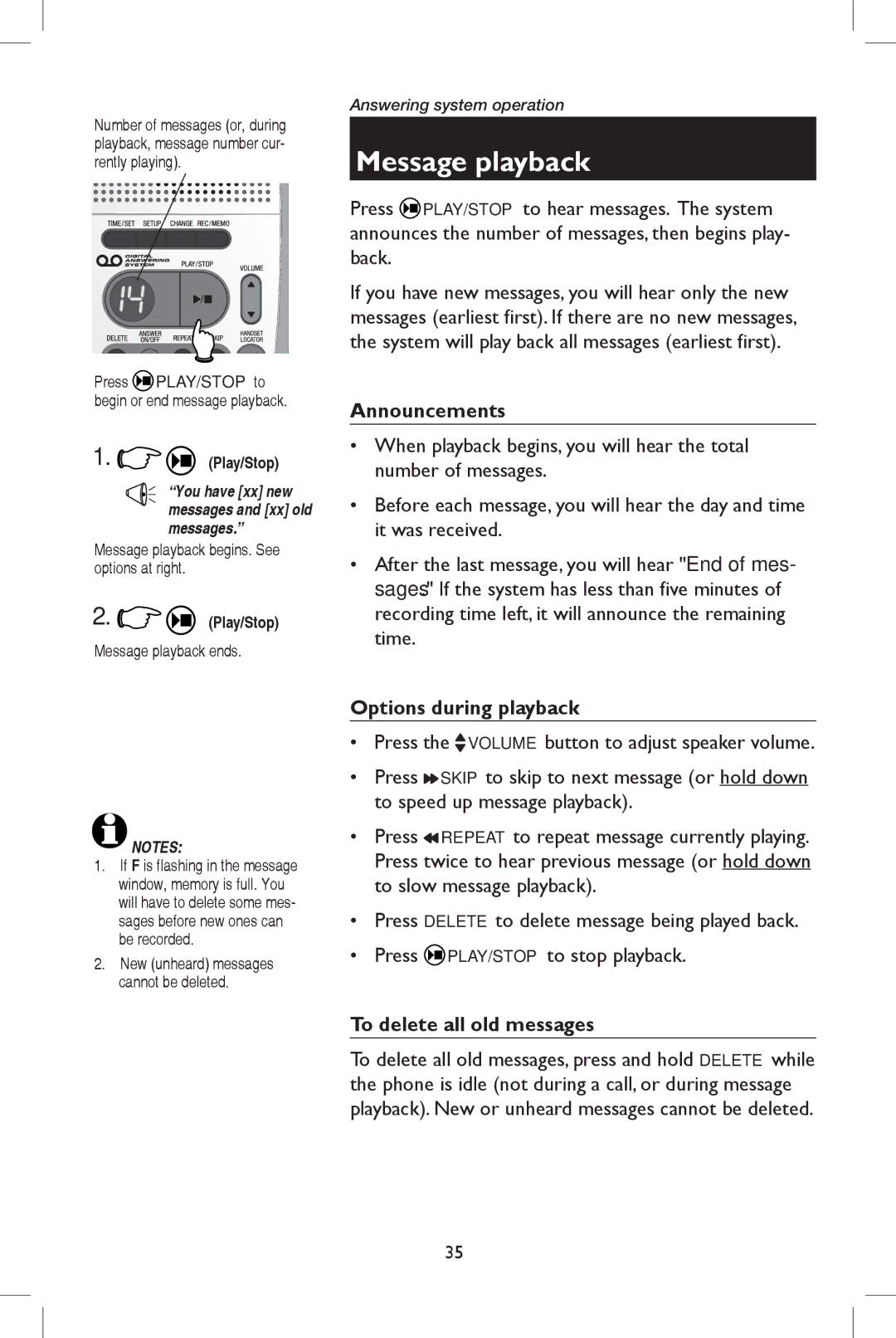 AT&T E5937 user manual Announcements, Options during playback, To delete all old messages, Message playback ends 