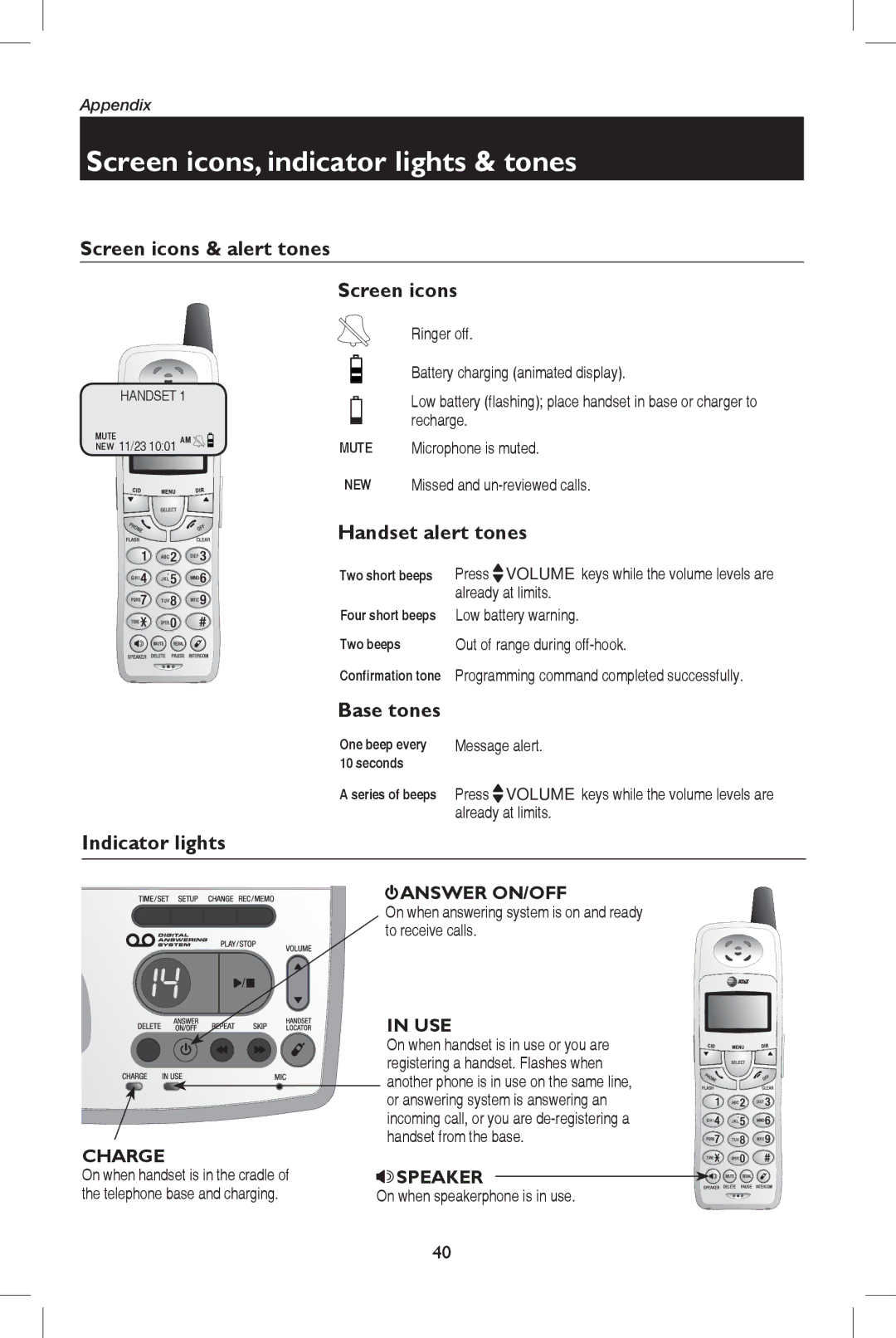 AT&T E5937 user manual Screen icons, indicator lights & tones, Screen icons & alert tones, Handset alert tones, Base tones 