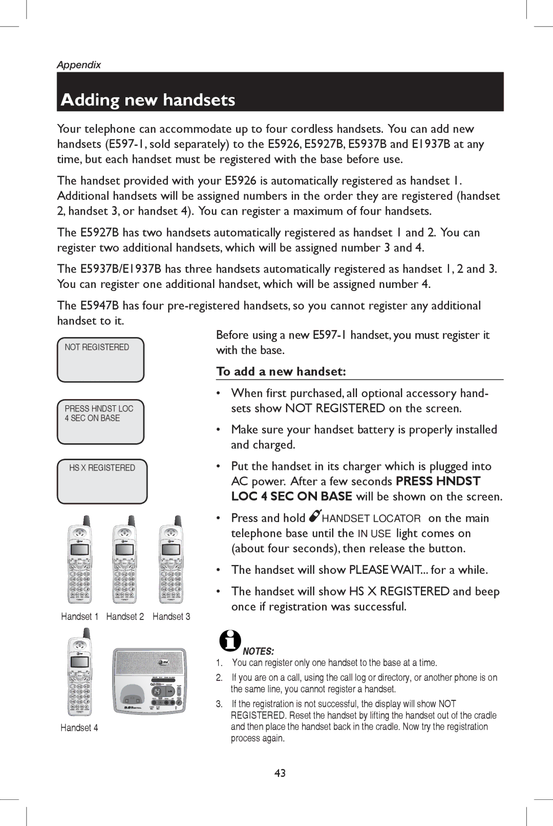 AT&T E5937 user manual Adding new handsets, To add a new handset, Handset 1 Handset 2 Handset 