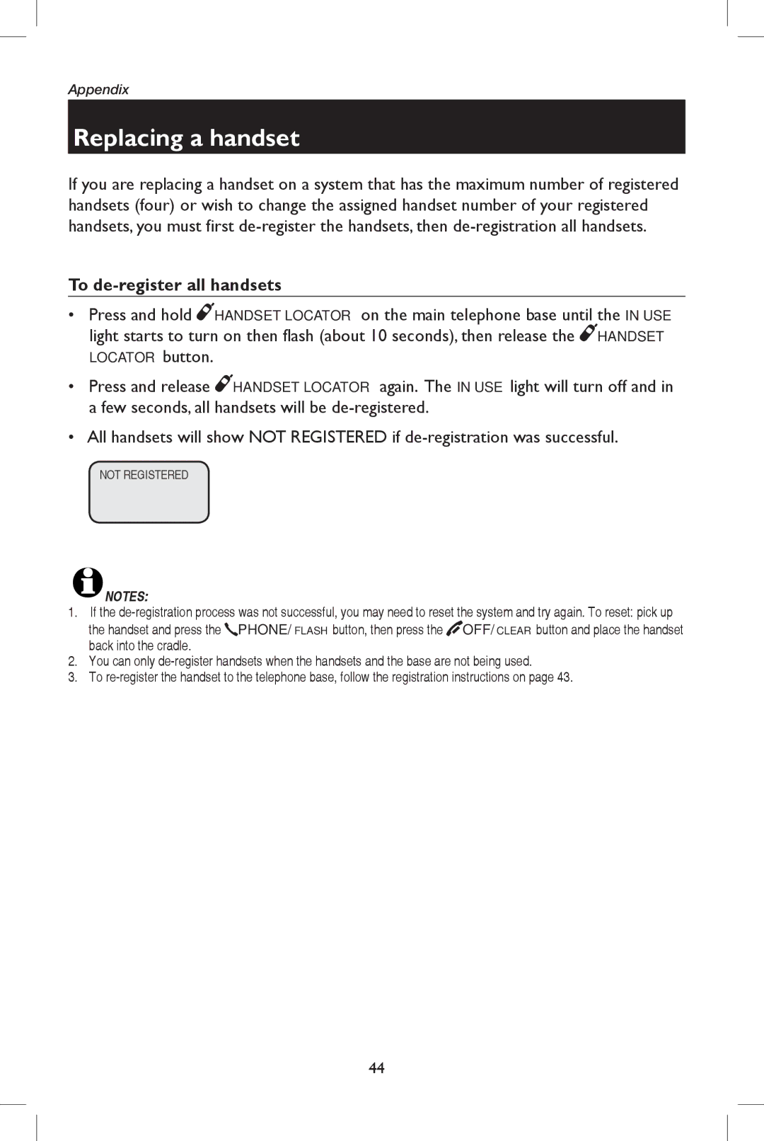 AT&T E5937 user manual Replacing a handset, To de-register all handsets 