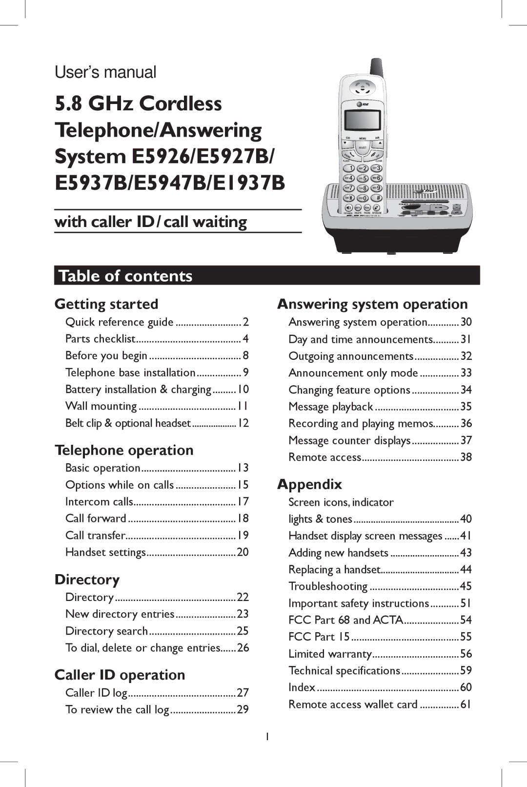 AT&T E5937 user manual Table of contents 