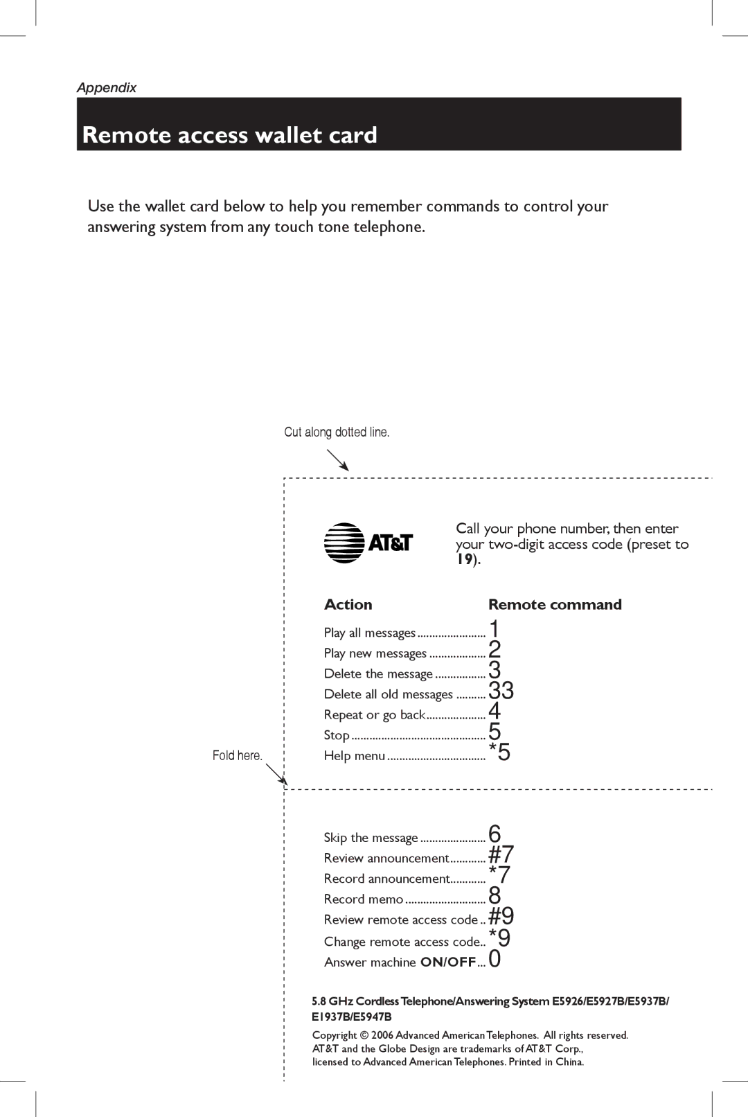 AT&T E5937 user manual Remote access wallet card, Cut along dotted line Fold here 