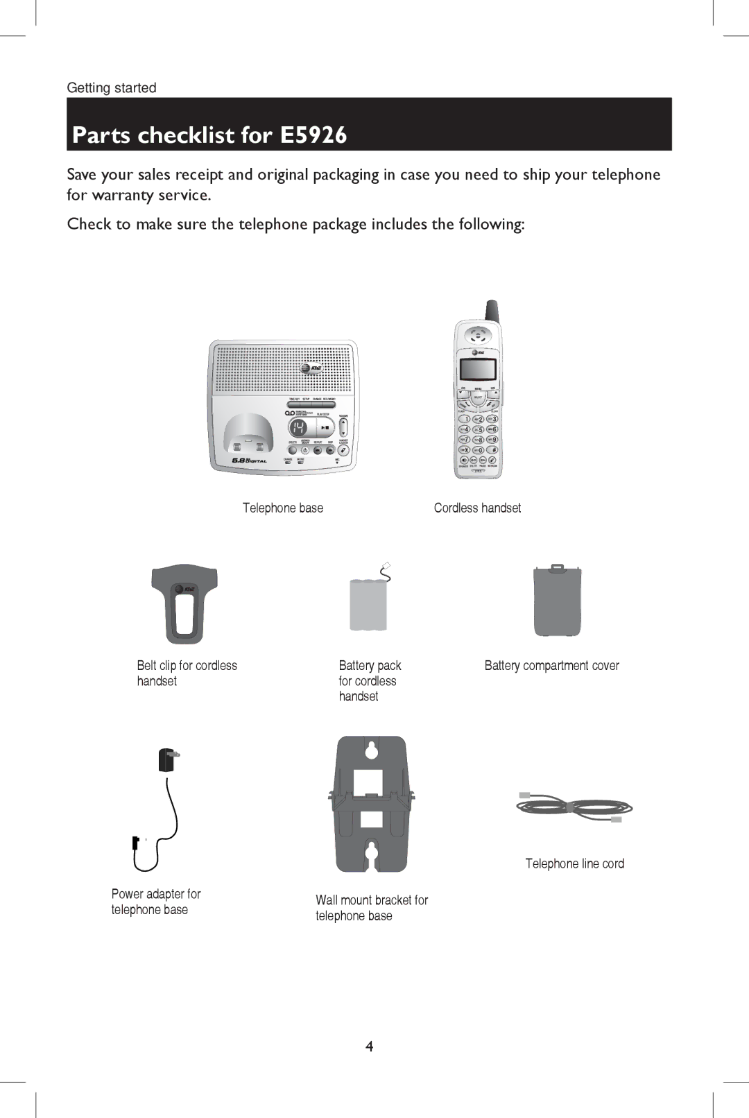 AT&T E5937 user manual Parts checklist for E5926, Telephone base, Belt clip for cordless Battery pack 