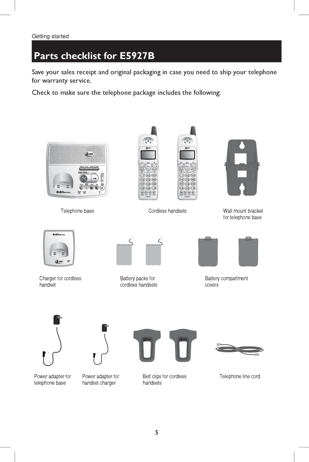 AT&T E5937 user manual Parts checklist for E5927B, Telephone base Cordless handsets, Charger for cordless Battery packs for 