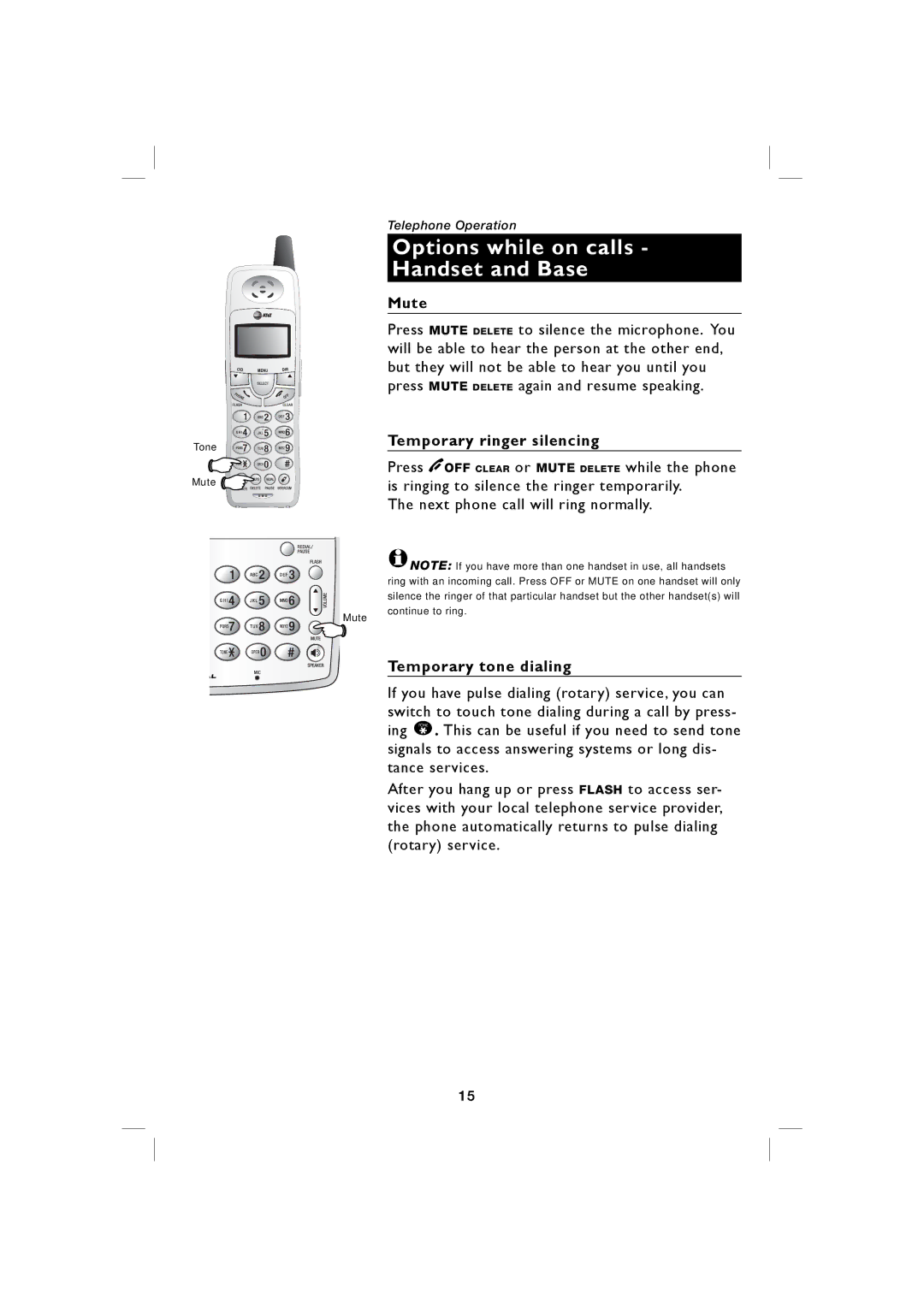 AT&T E5938B, E5939B user manual Mute, Temporary ringer silencing, Temporary tone dialing 