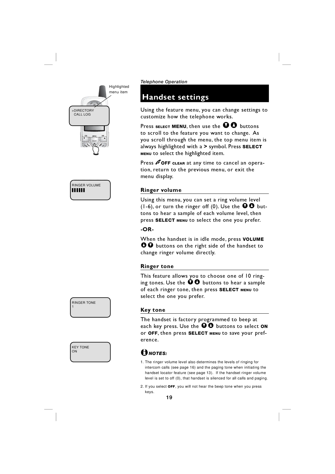 AT&T E5938B, E5939B user manual Handset settings, Ringer volume, Ringer tone, Key tone 