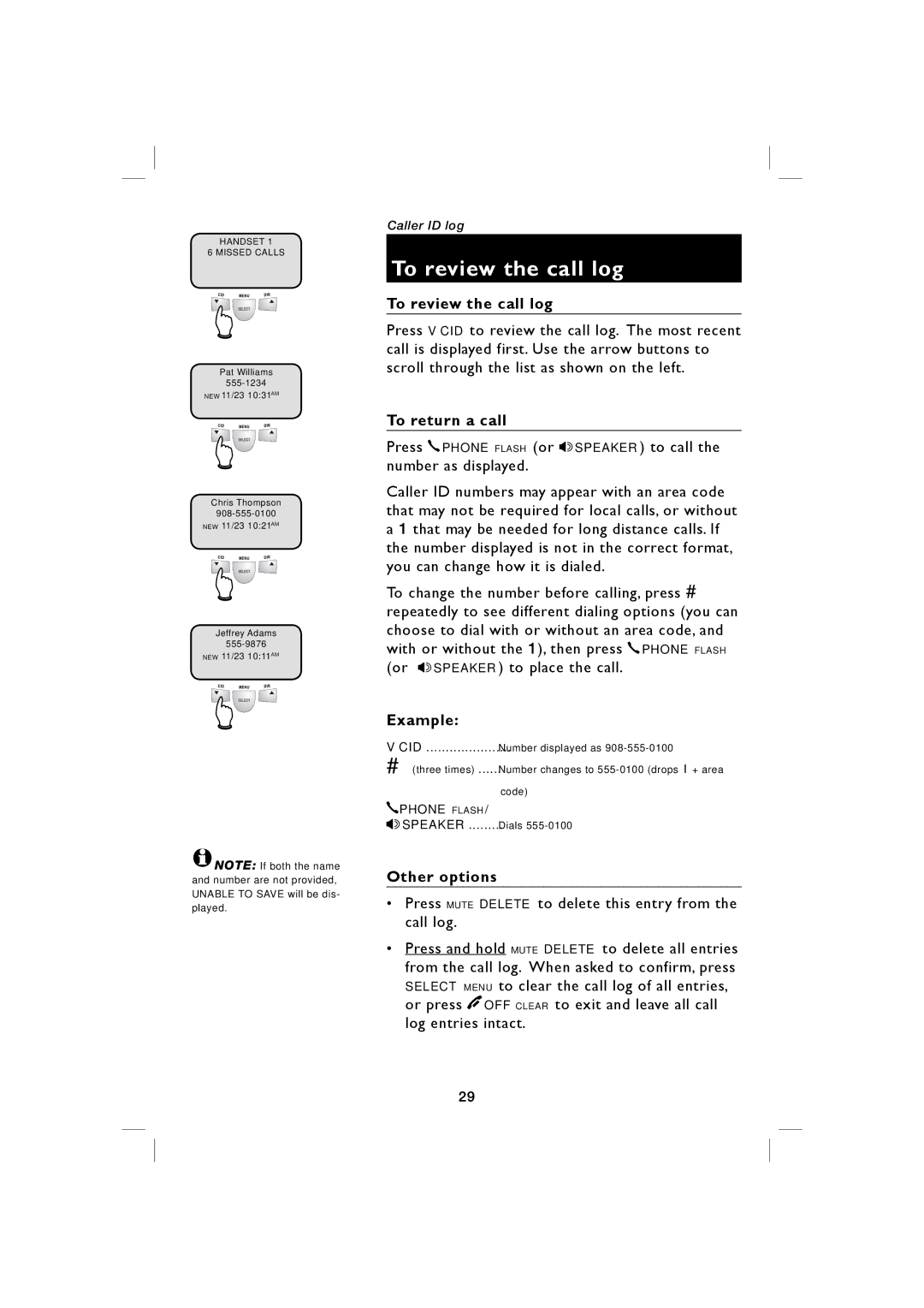 AT&T E5938B, E5939B user manual To review the call log, To return a call, Example, Other options 