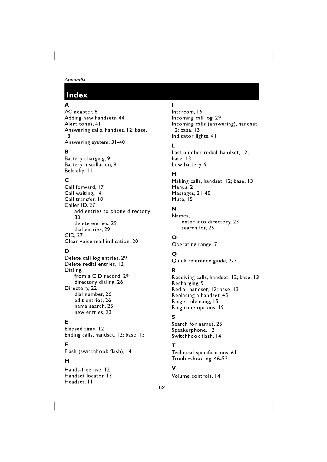 AT&T E5939B, E5938B user manual Index 