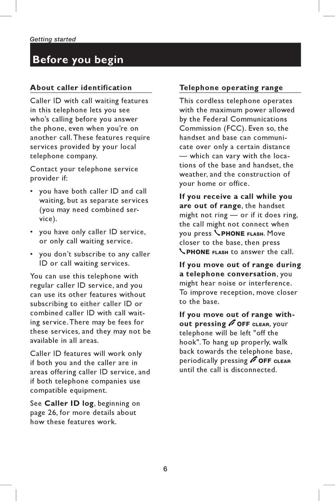 AT&T E5943B, E5944B user manual Before you begin, About caller identification, Telephone operating range 