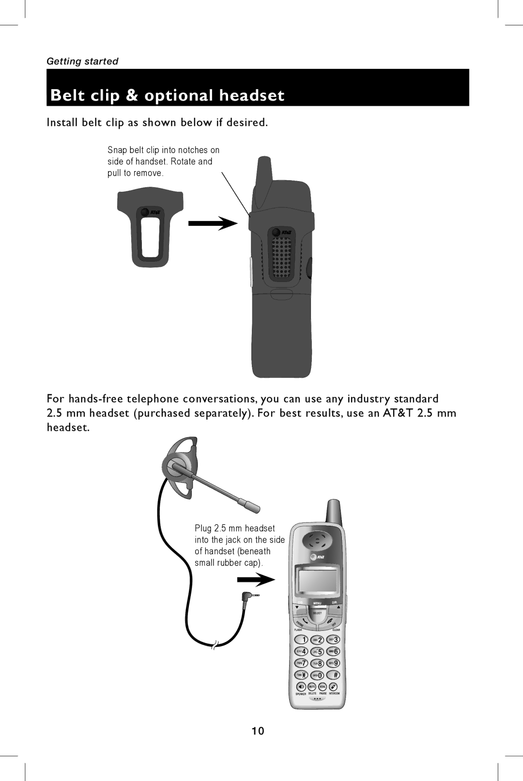 AT&T E5943B, E5944B user manual Belt clip & optional headset 