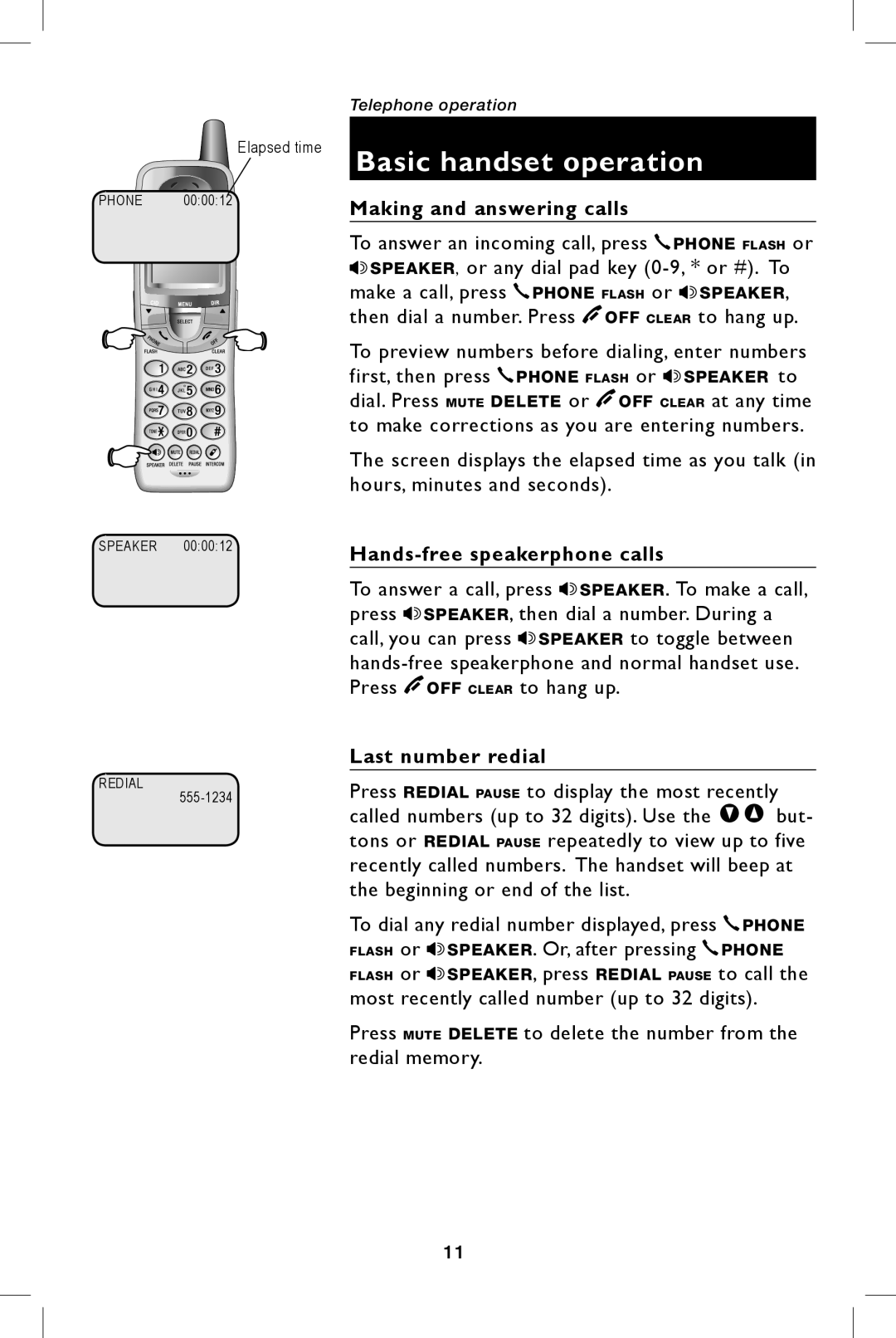 AT&T E5944B, E5943B user manual Making and answering calls, Hands-free speakerphone calls, Last number redial 