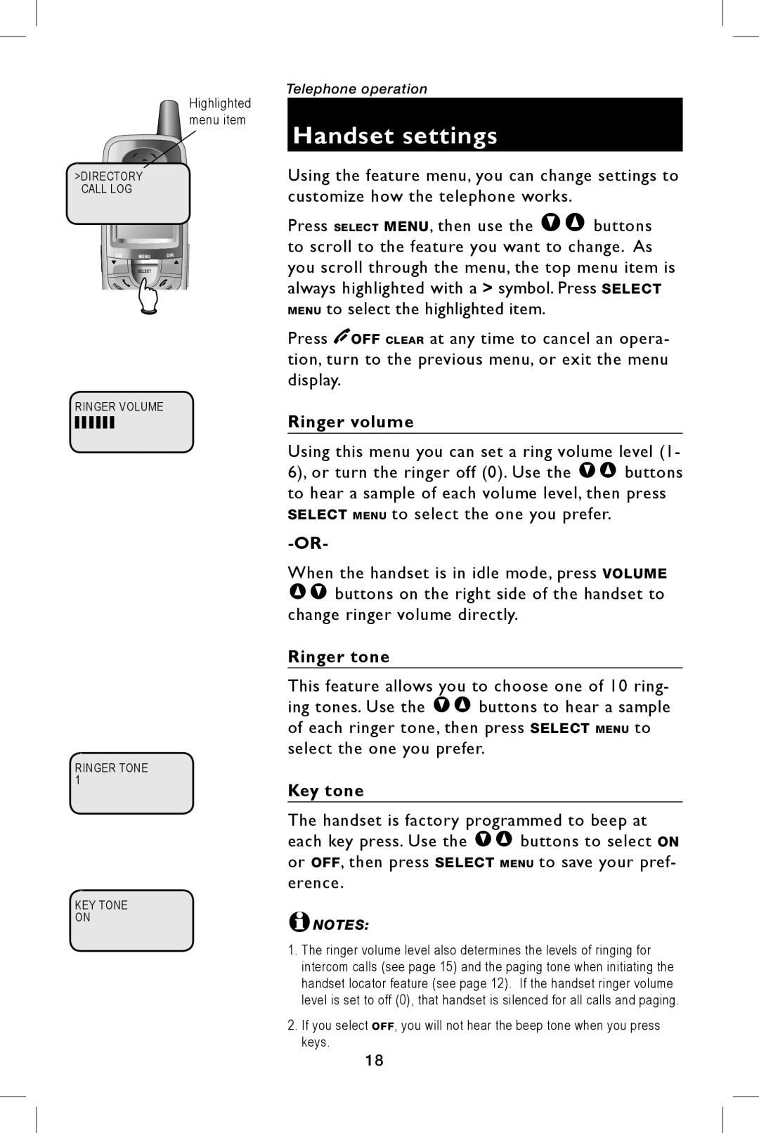 AT&T E5943B, E5944B user manual Handset settings, Ringer volume, Ringer tone, Key tone 