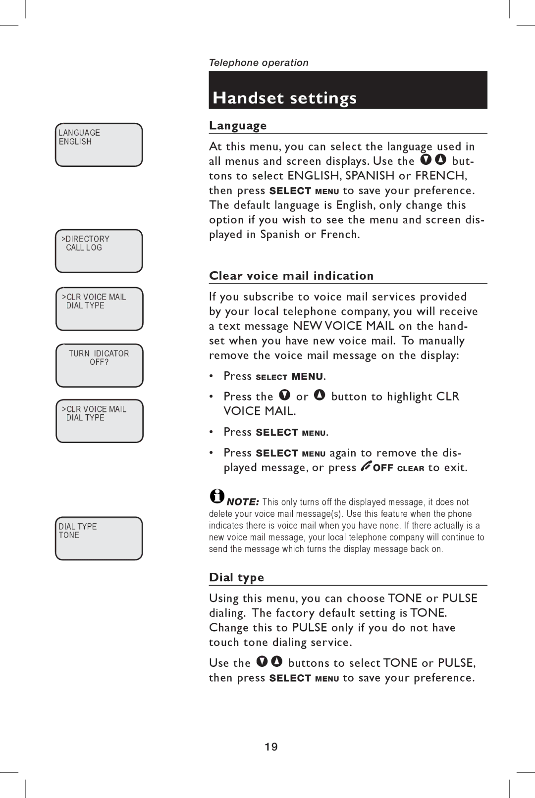 AT&T E5944B, E5943B user manual Language, Clear voice mail indication, Dial type 