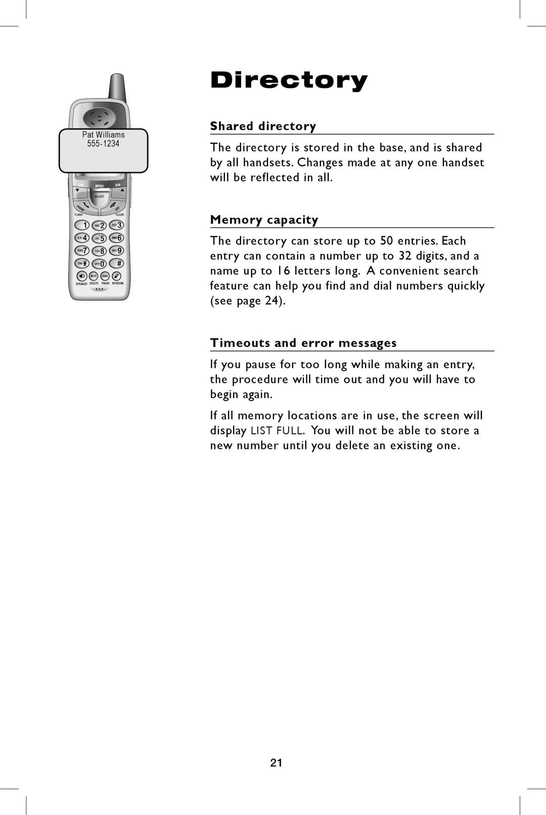 AT&T E5944B, E5943B user manual Shared directory, Memory capacity, Timeouts and error messages 