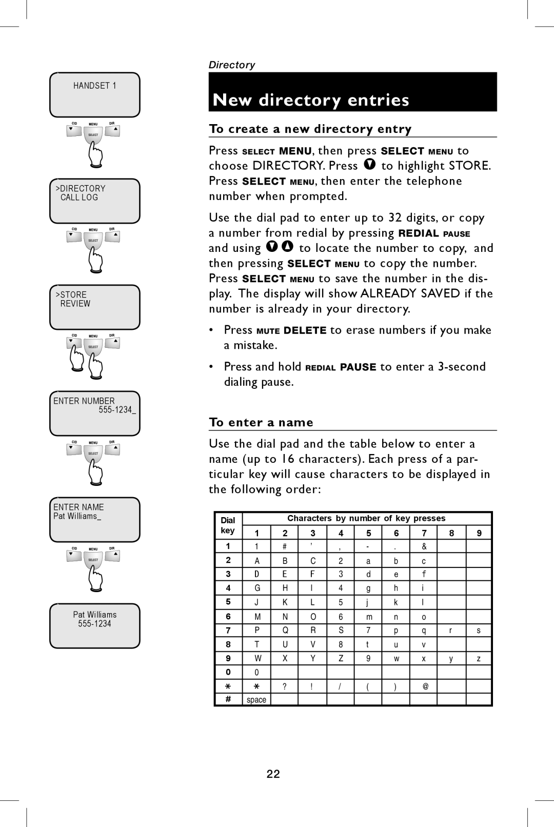 AT&T E5943B, E5944B user manual New directory entries, To create a new directory entry, To enter a name 