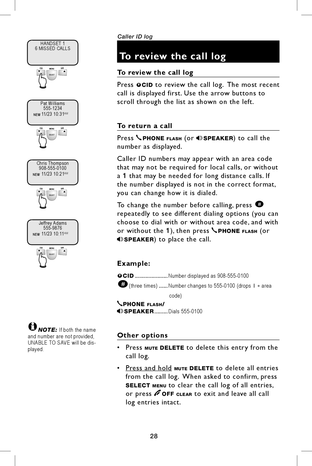 AT&T E5943B, E5944B user manual To review the call log, To return a call, Example, Other options 