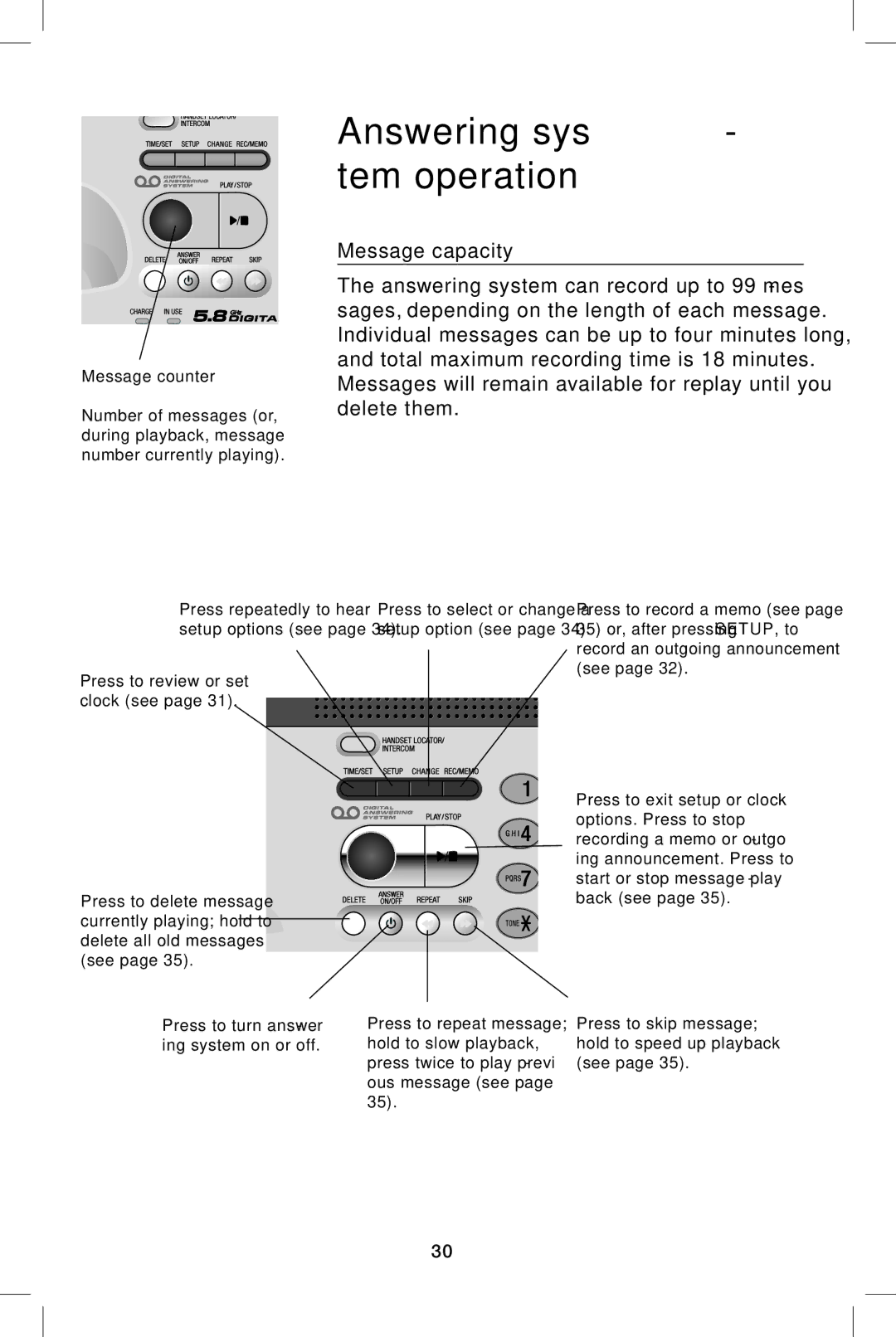 AT&T E5943B, E5944B user manual Answering sys- tem operation, Message capacity 