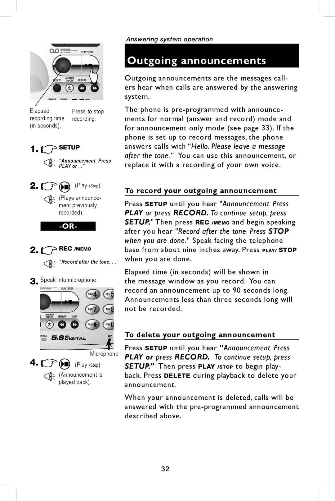 AT&T E5943B, E5944B Outgoing announcements, To record your outgoing announcement, To delete your outgoing announcement 