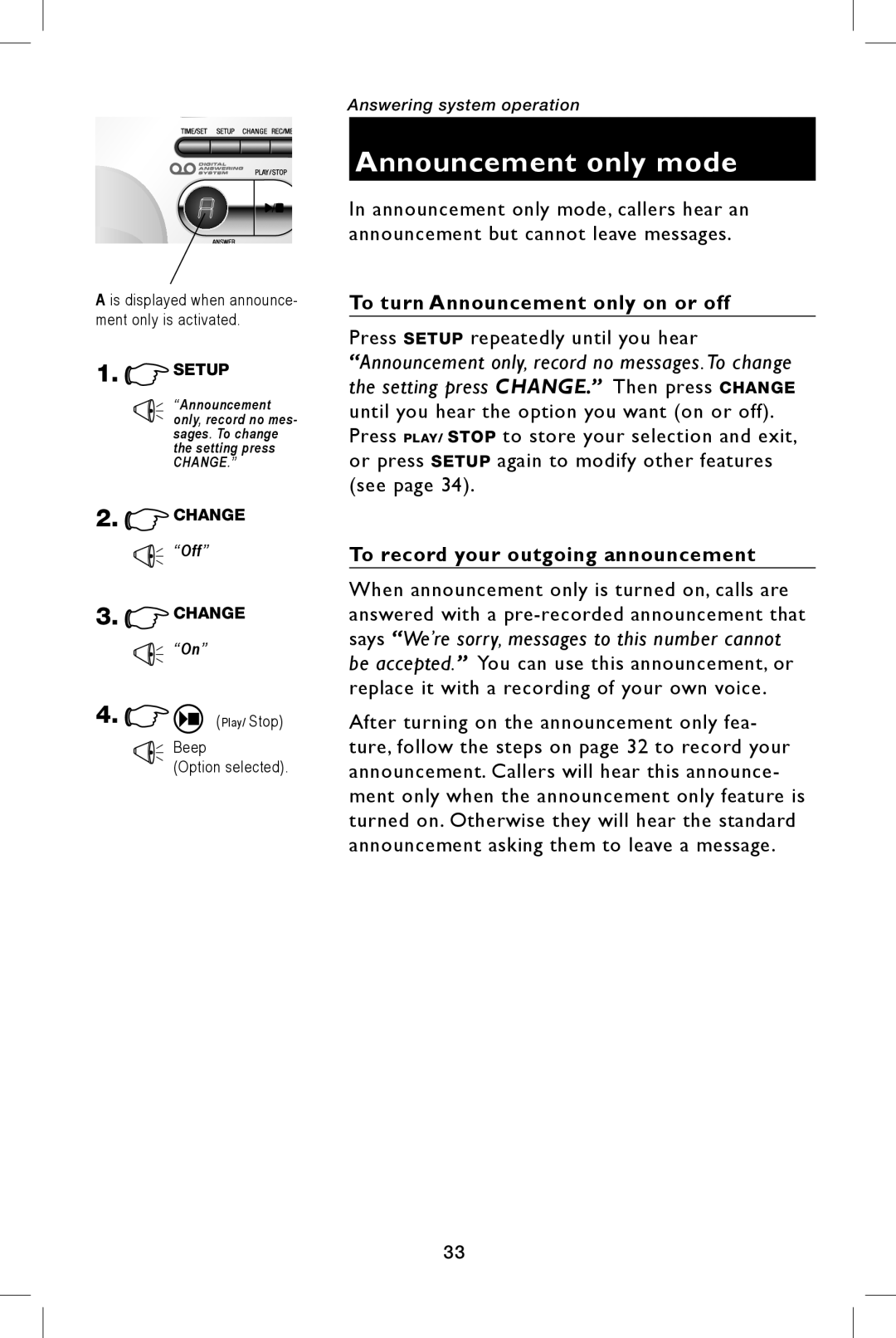 AT&T E5944B, E5943B user manual Announcement only mode, To turn Announcement only on or off 