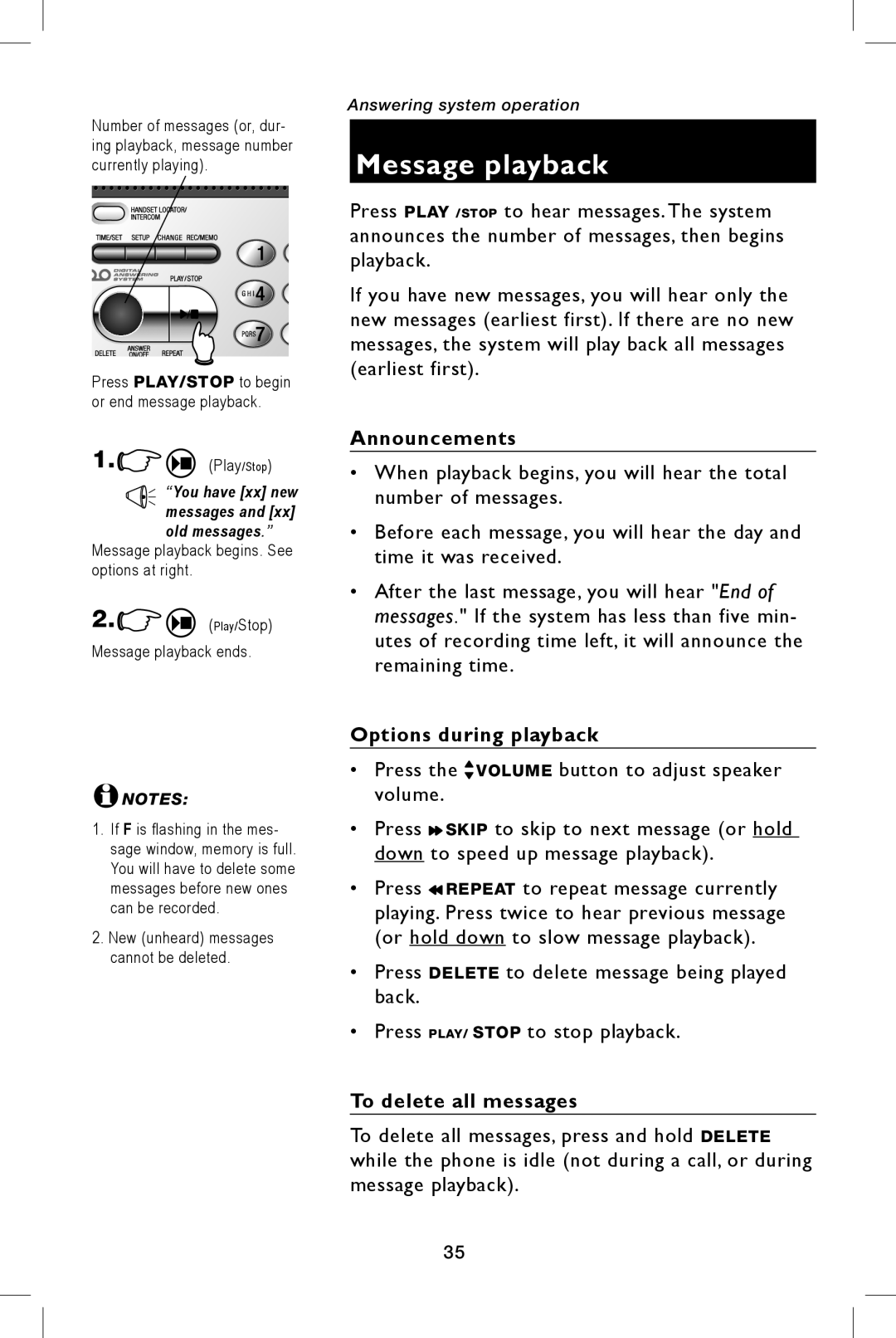 AT&T E5944B, E5943B user manual Message playback, Announcements, Options during playback, To delete all messages 