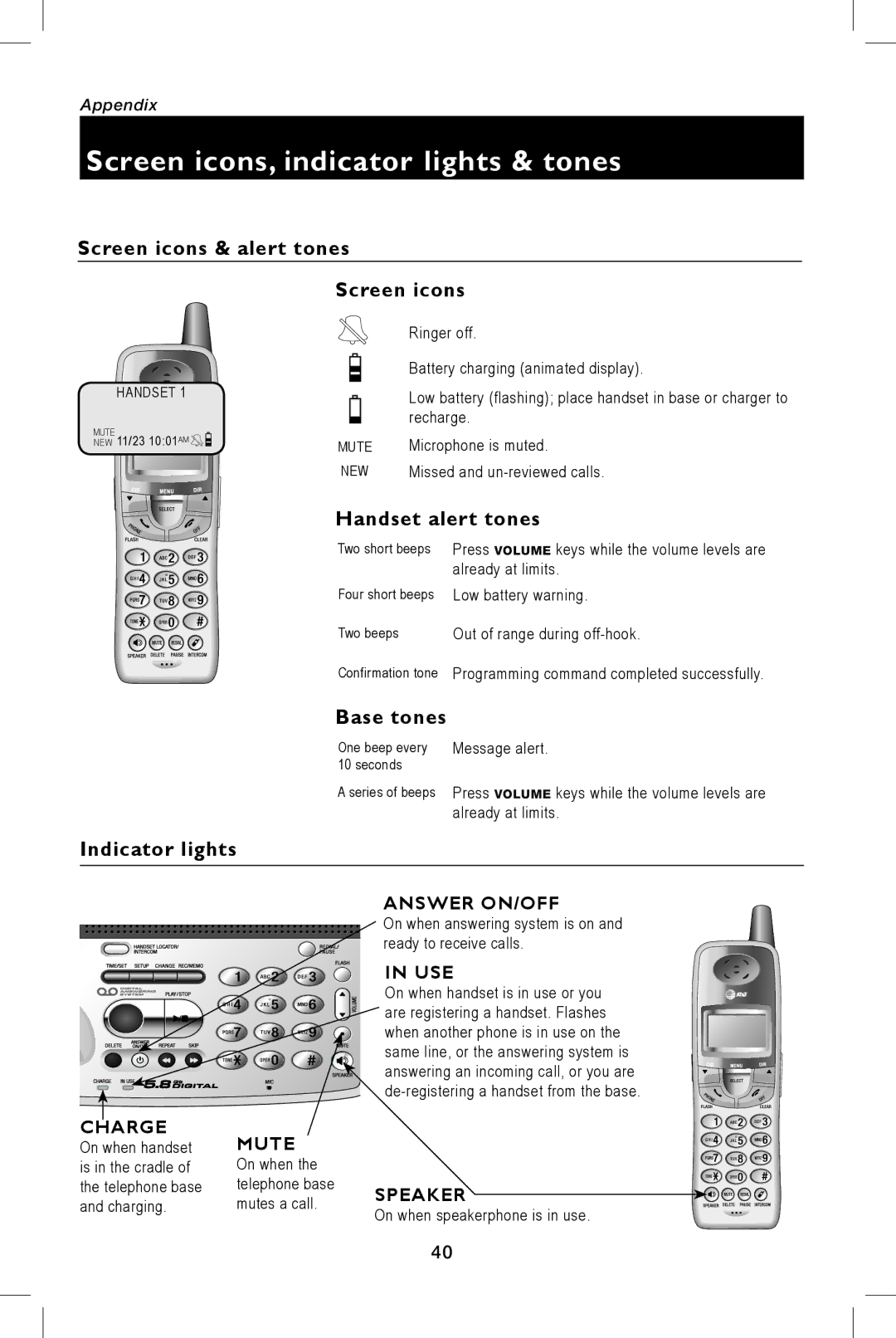 AT&T E5943B, E5944B user manual Screen icons & alert tones, Handset alert tones, Base tones, Indicator lights 