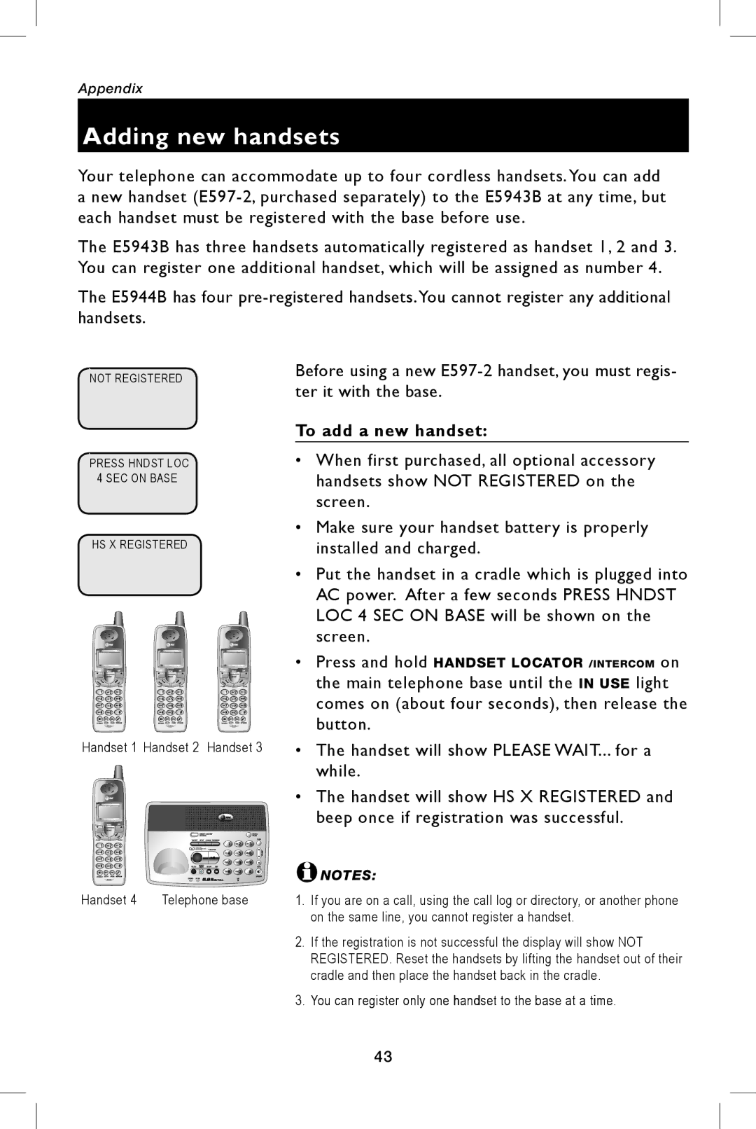 AT&T E5944B, E5943B user manual Adding new handsets, To add a new handset 