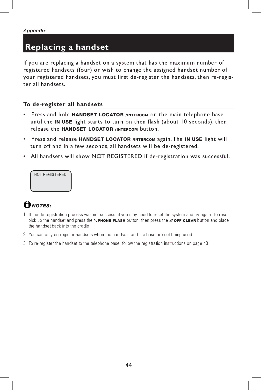 AT&T E5943B, E5944B user manual Replacing a handset, To de-register all handsets 