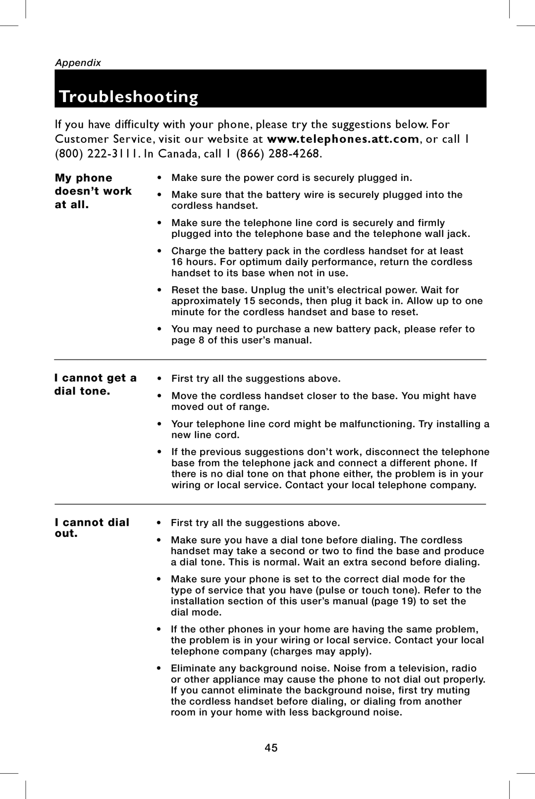 AT&T E5944B, E5943B user manual Troubleshooting 