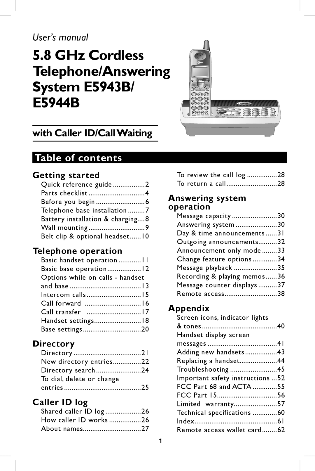 AT&T user manual GHz Cordless Telephone/Answering System E5943B/ E5944B, Table of contents 