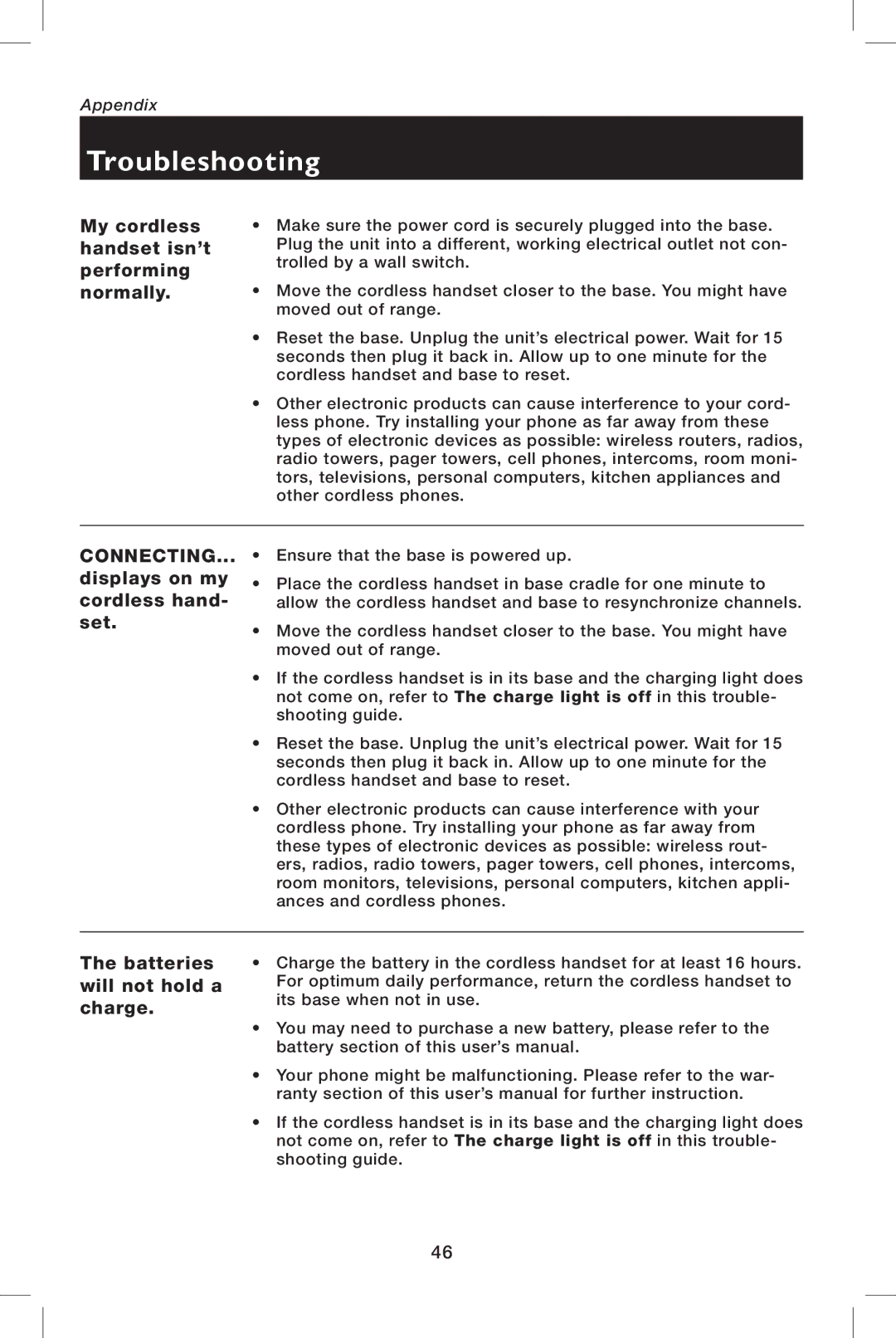 AT&T E5943B, E5944B user manual My cordless handset isn’t performing normally, Displays on my cordless hand- set 