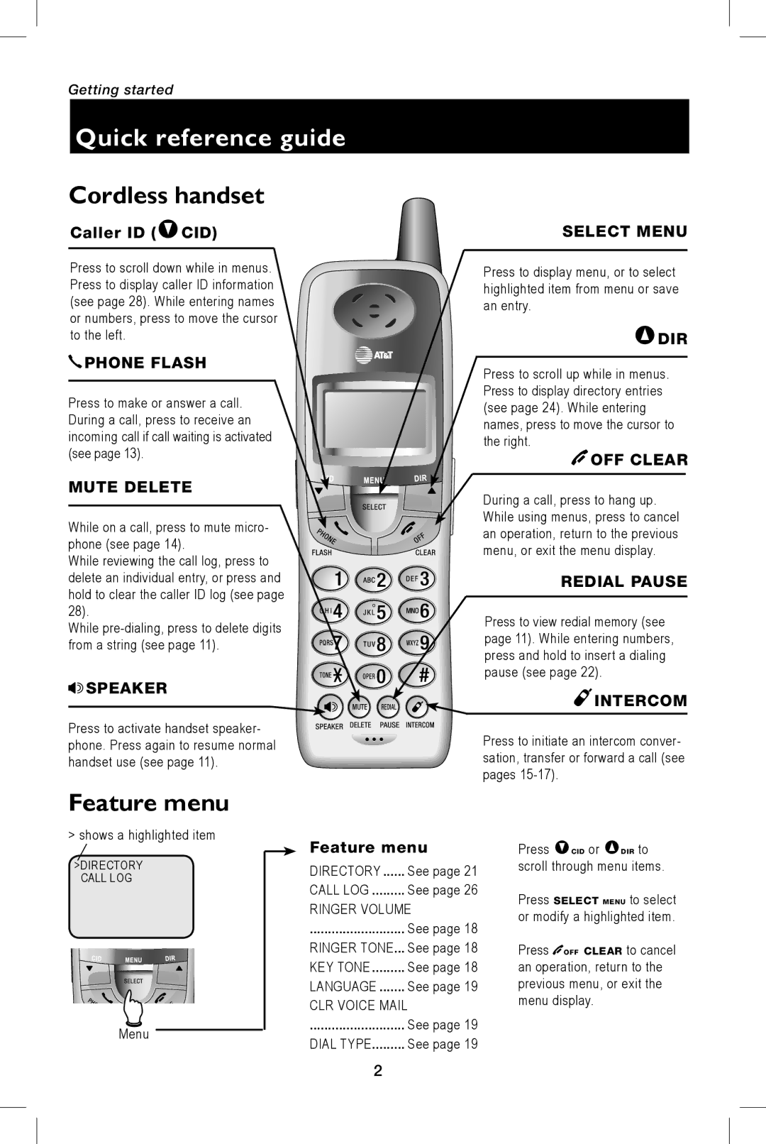 AT&T E5943B, E5944B user manual Quick reference guide, Caller ID Vcid, Feature menu 