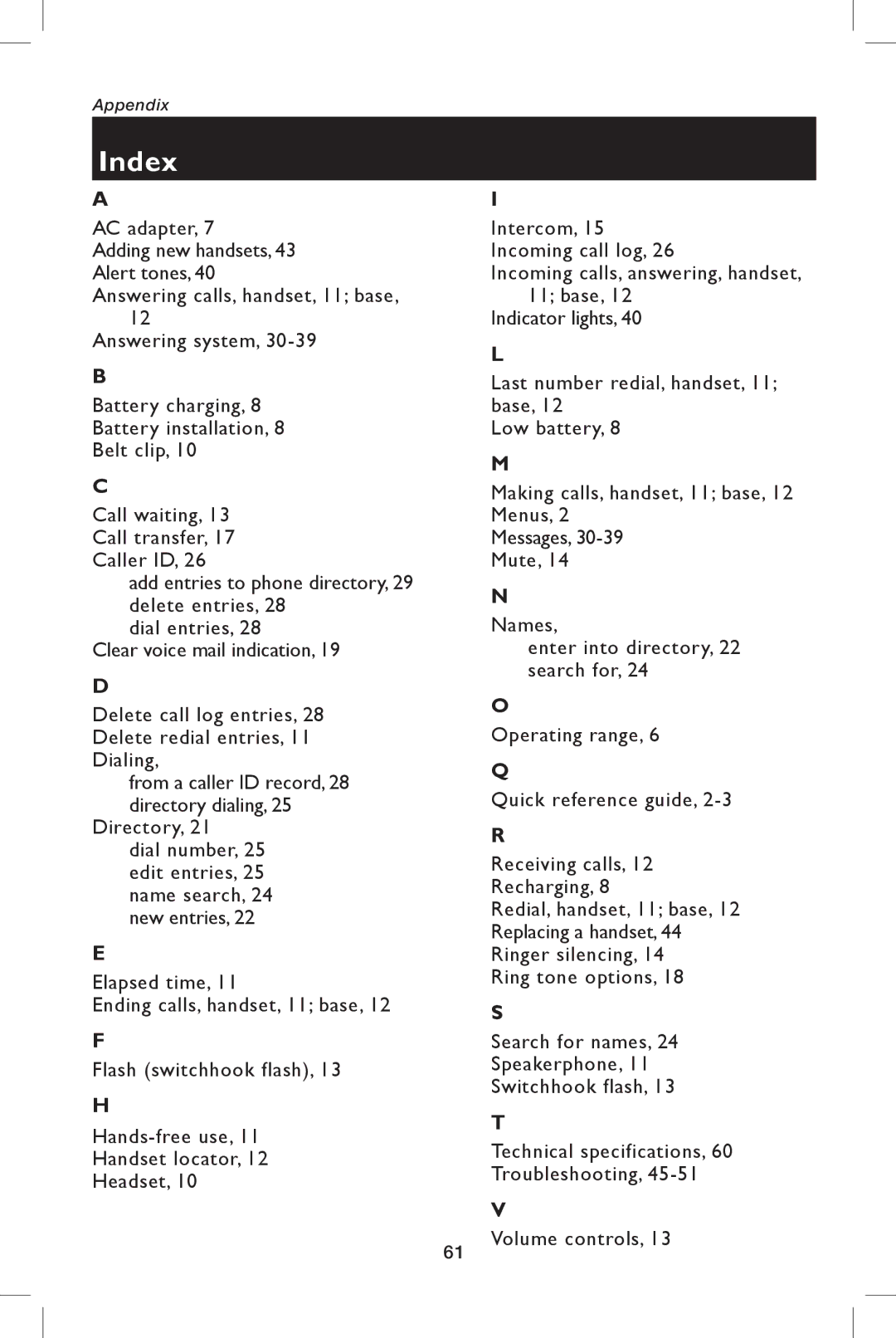 AT&T E5944B, E5943B user manual Index 