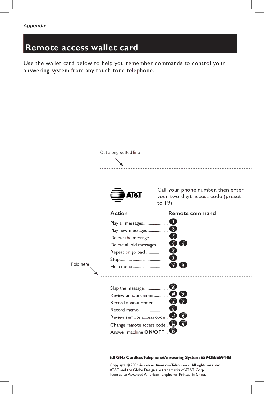 AT&T E5943B, E5944B user manual Remote access wallet card, Action Remote command 