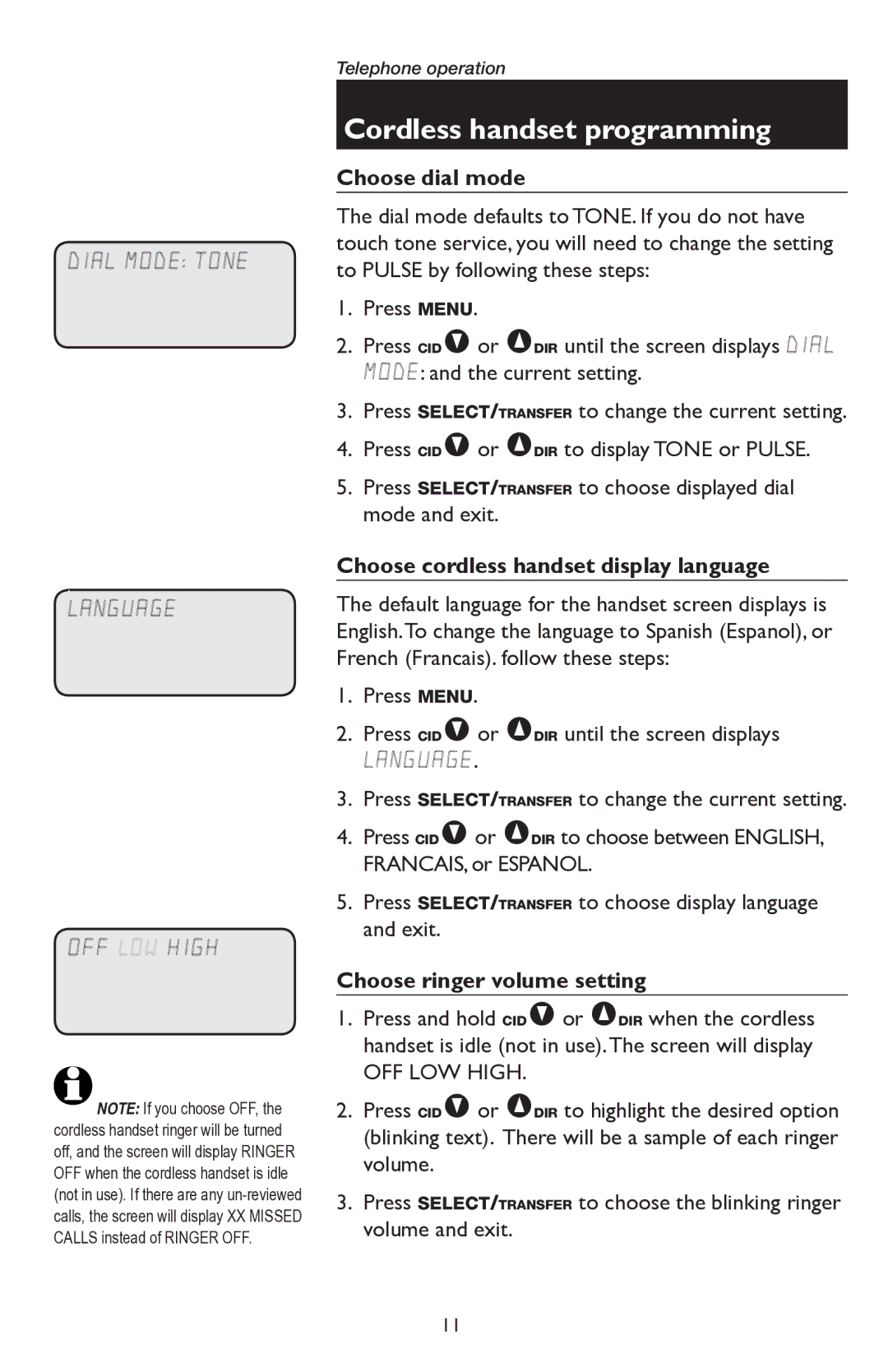 AT&T E5945B user manual Choose dial mode, Choose cordless handset display language, Choose ringer volume setting 