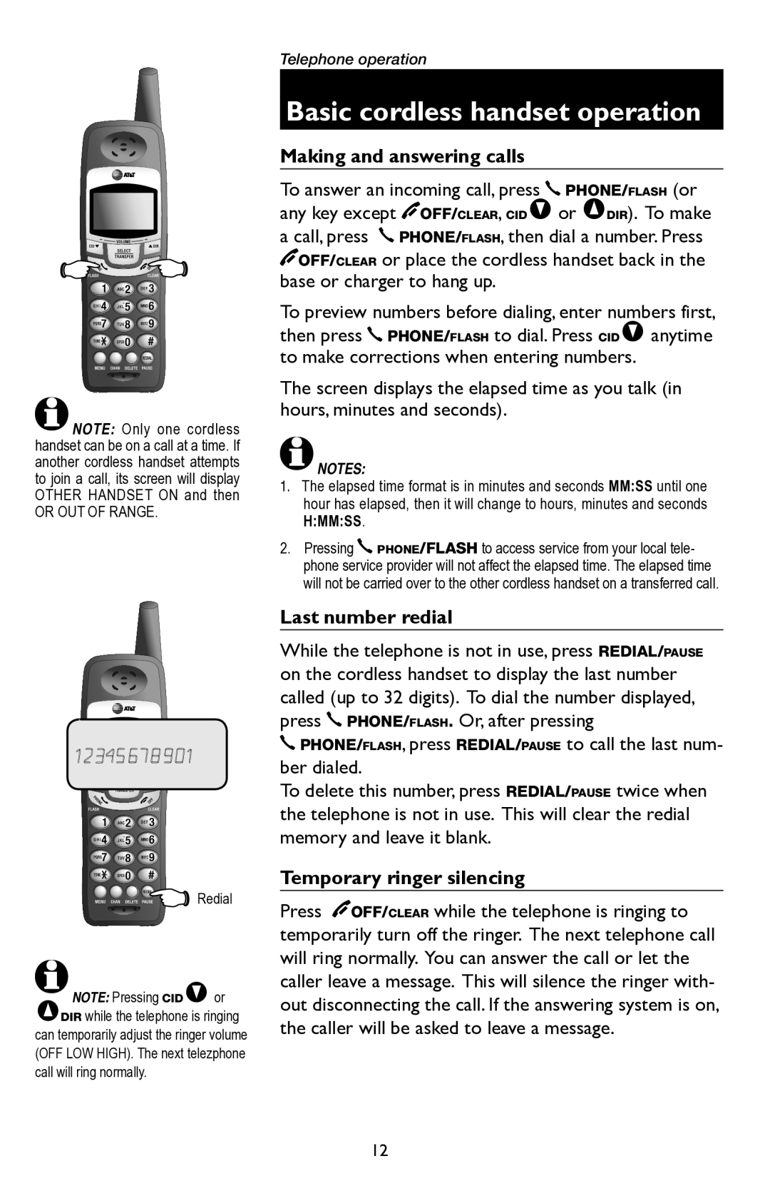 AT&T E5945B Basic cordless handset operation, Making and answering calls, Last number redial, Temporary ringer silencing 