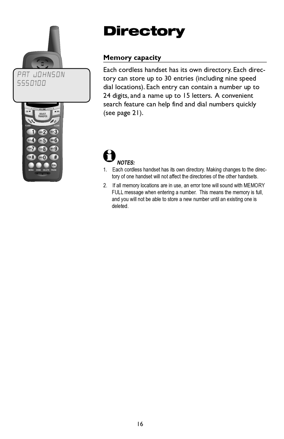 AT&T E5945B user manual Directory, Memory capacity 