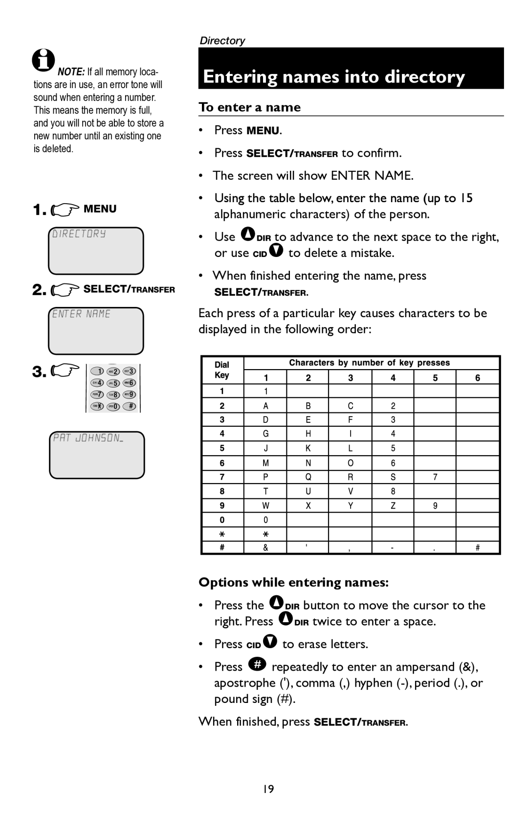 AT&T E5945B user manual Entering names into directory, To enter a name, Options while entering names 