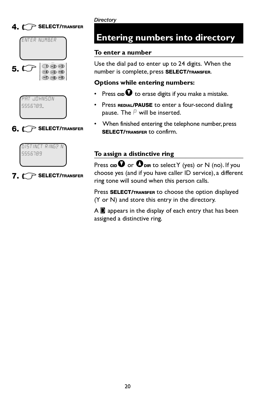 AT&T E5945B user manual Entering numbers into directory, To enter a number, Options while entering numbers 