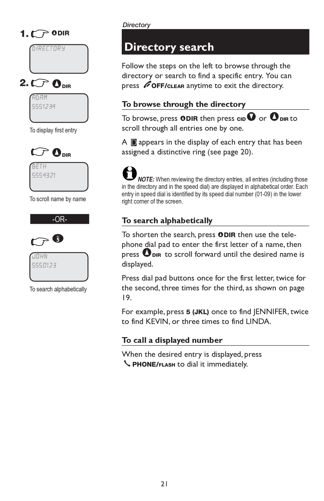 AT&T E5945B Directory search, To browse through the directory, To search alphabetically, To call a displayed number 