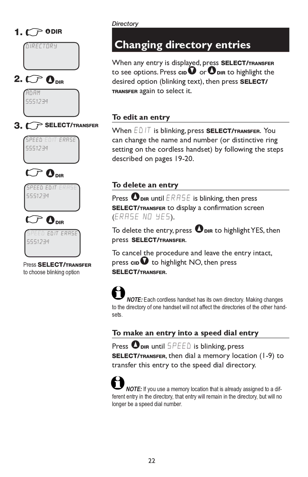 AT&T E5945B Changing directory entries, To edit an entry, To delete an entry, To make an entry into a speed dial entry 