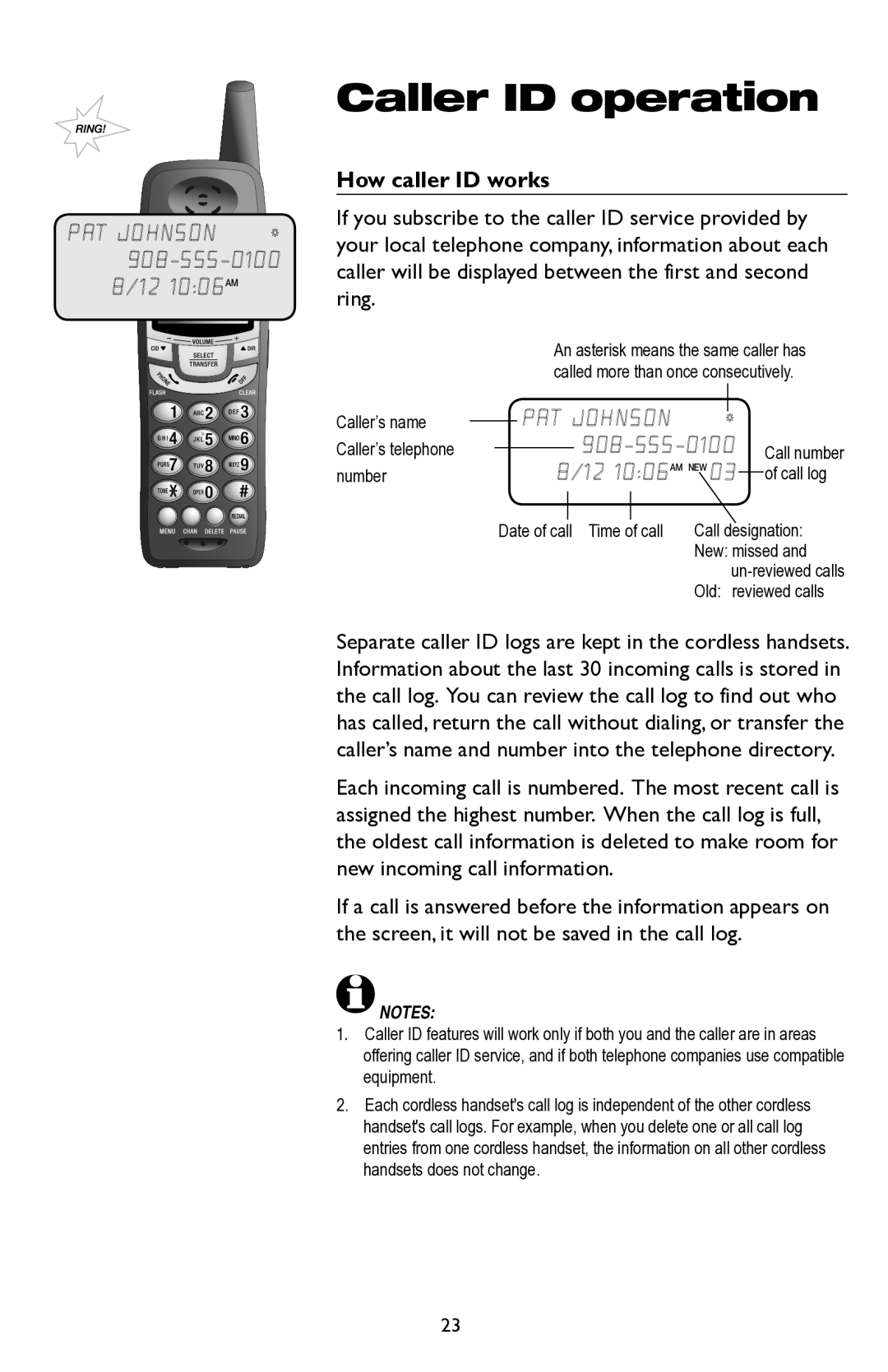 AT&T E5945B user manual Caller ID operation, How caller ID works 