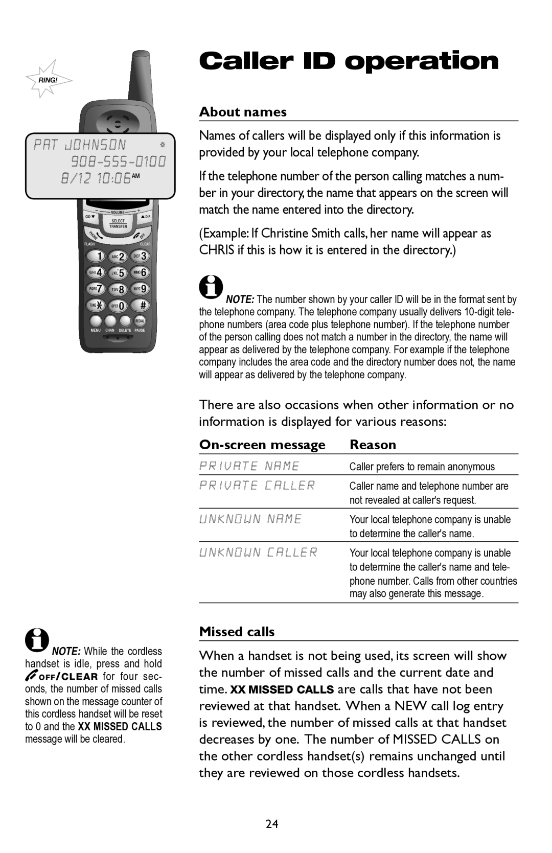 AT&T E5945B user manual About names, On-screen message Reason, Missed calls 