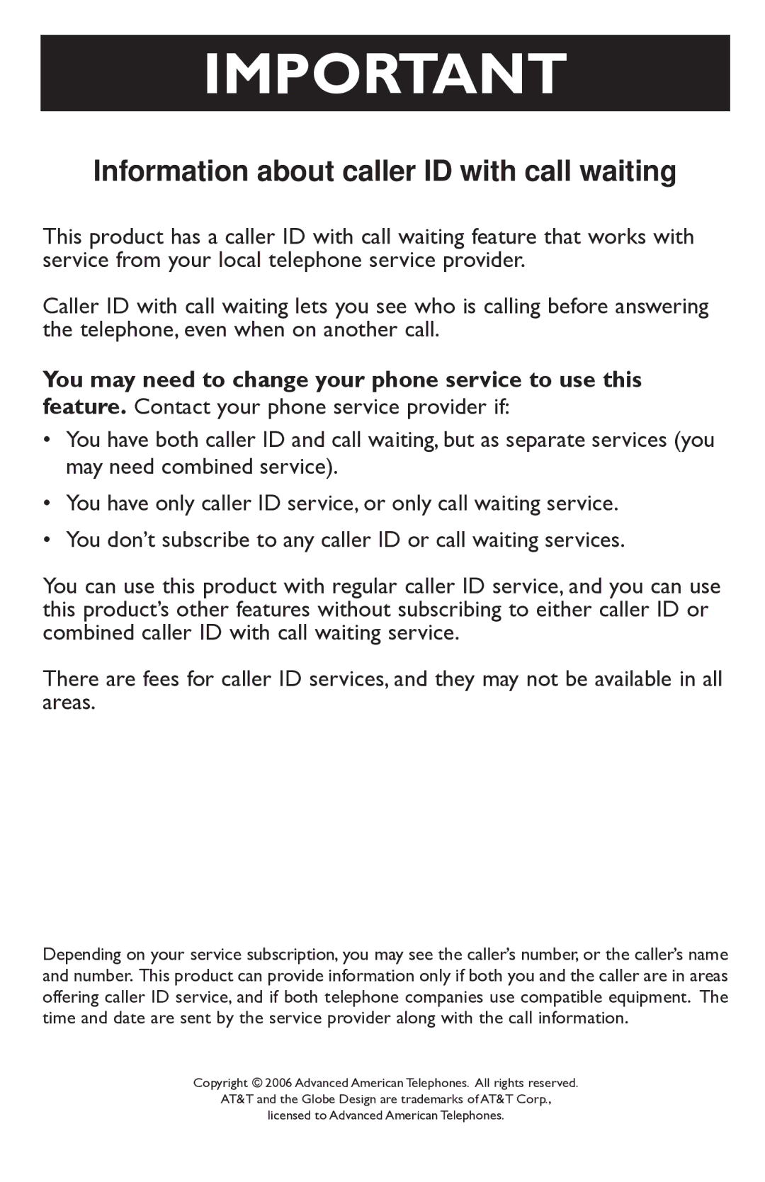 AT&T E5945B user manual Information about caller ID with call waiting 