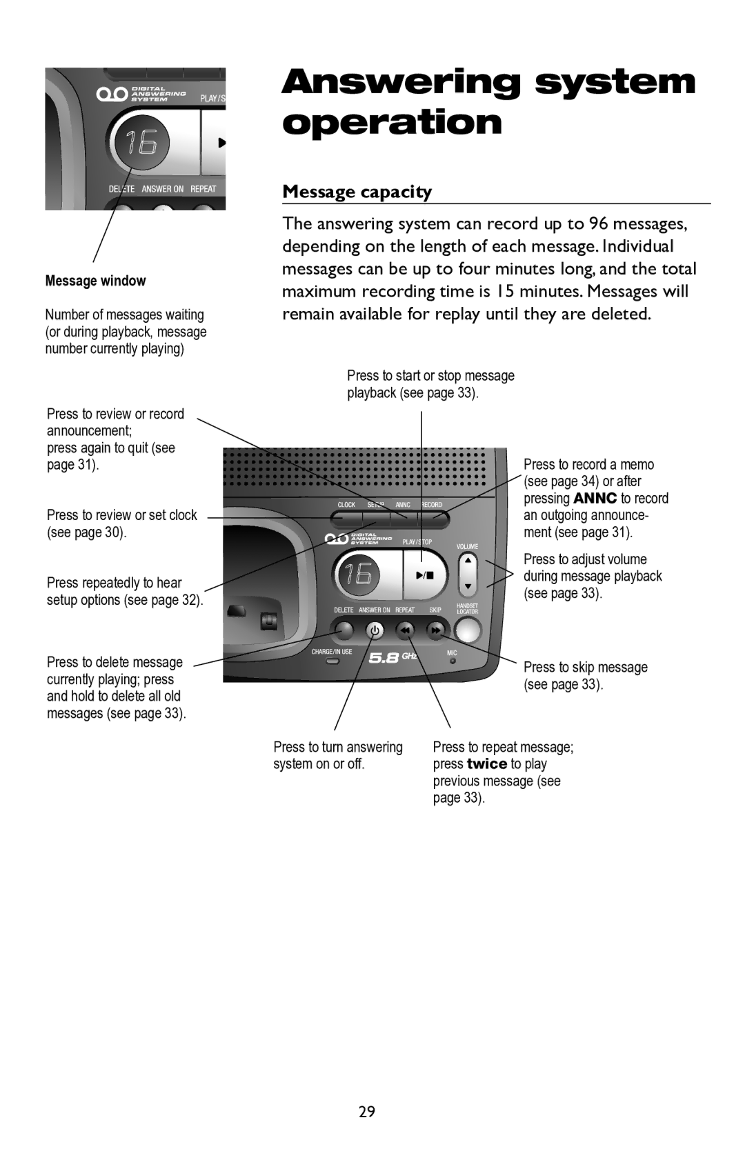 AT&T E5945B user manual Message capacity, Message window 