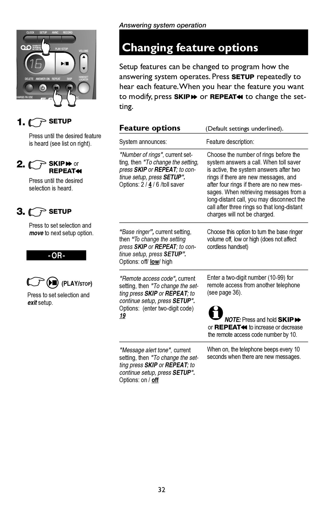 AT&T E5945B user manual Changing feature options, Feature options 