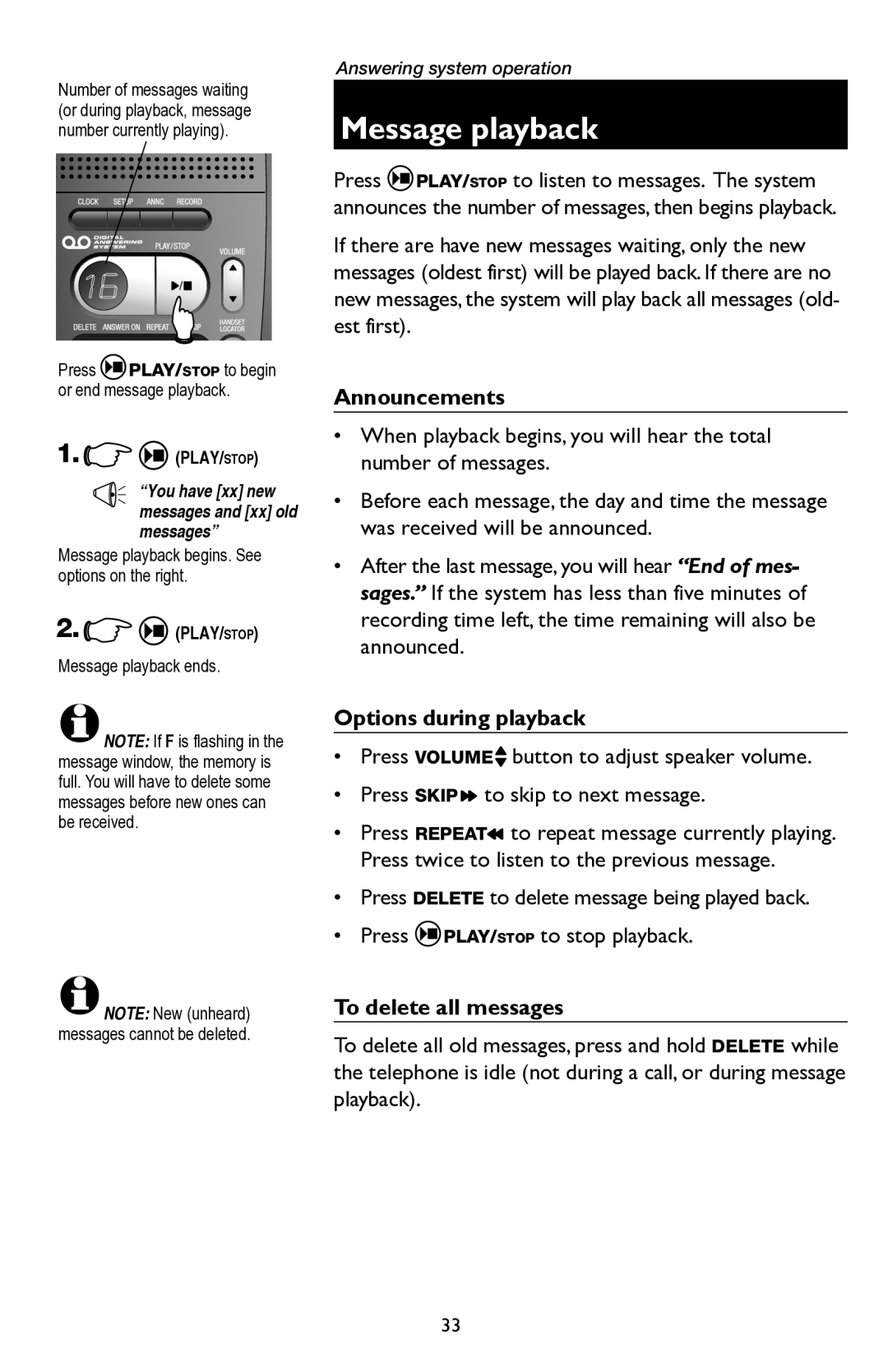 AT&T E5945B user manual Message playback, Announcements, Options during playback, To delete all messages 